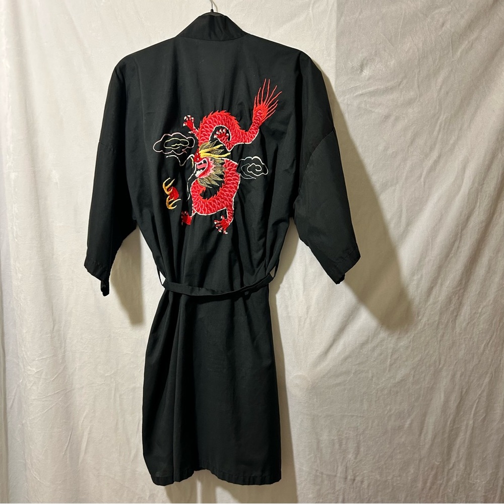 Vintage Kimono robe, black with embroidered red dragon, belted, unisex. Size M